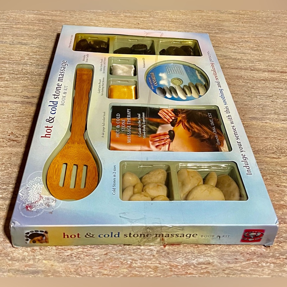 NIB Hot & Cold stone massage book and kit with CD, wooden Spoon, book and more